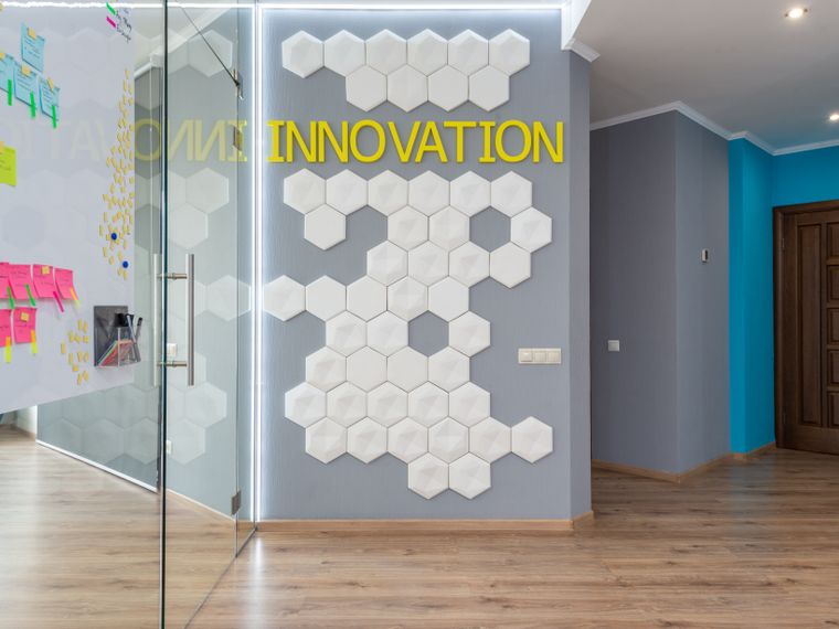 Modern office interior with a painted accent wall